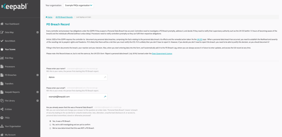 screenshot of Keepabl SaaS